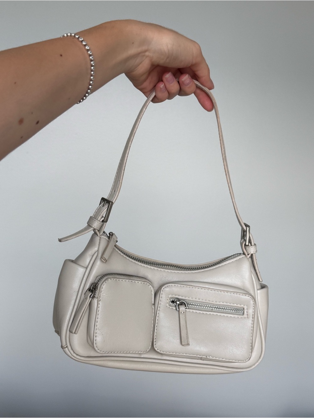 Mango White Shoulder Bag with Front Zip Pockets